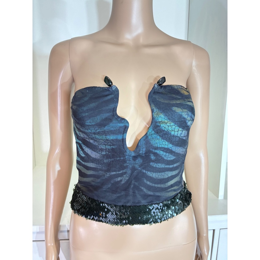 Outcast Milliea Top Women Medium Blue Green Animal Print Sequin Strapless U-Neck